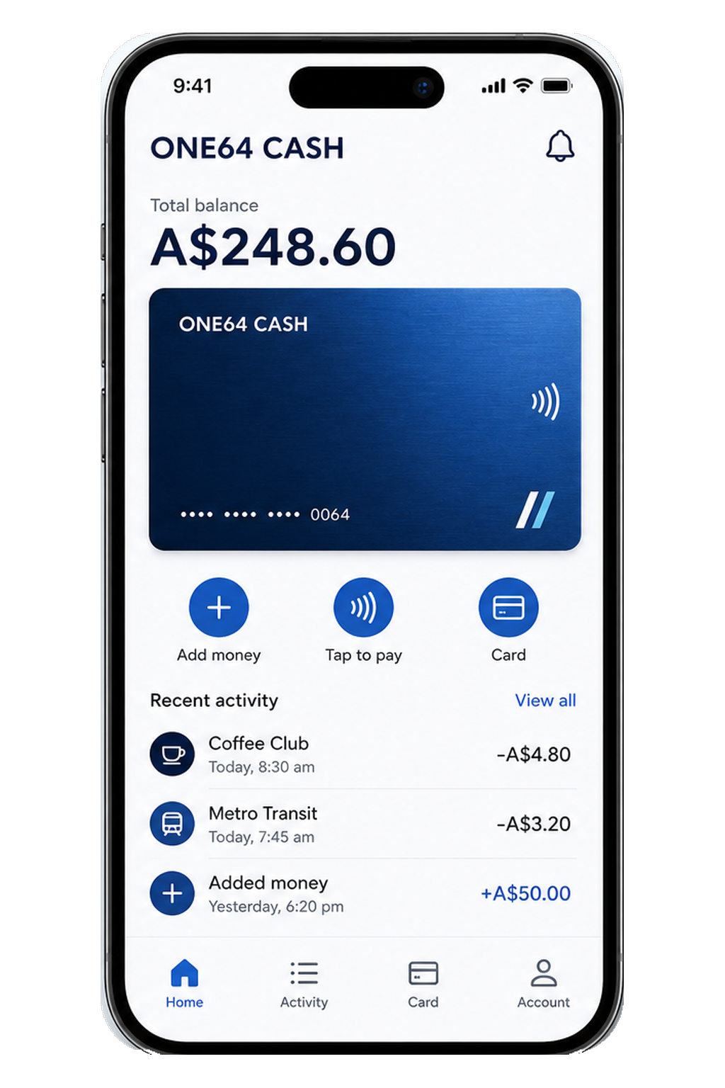 ONE64 CASH app prototype showing wallet balance, virtual debit card, and spend controls