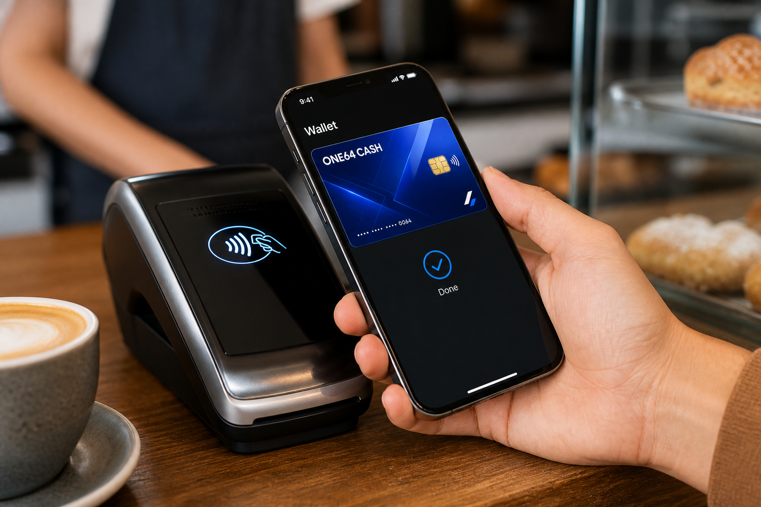 Phone showing ONE64 CASH virtual debit card tapping a payment terminal